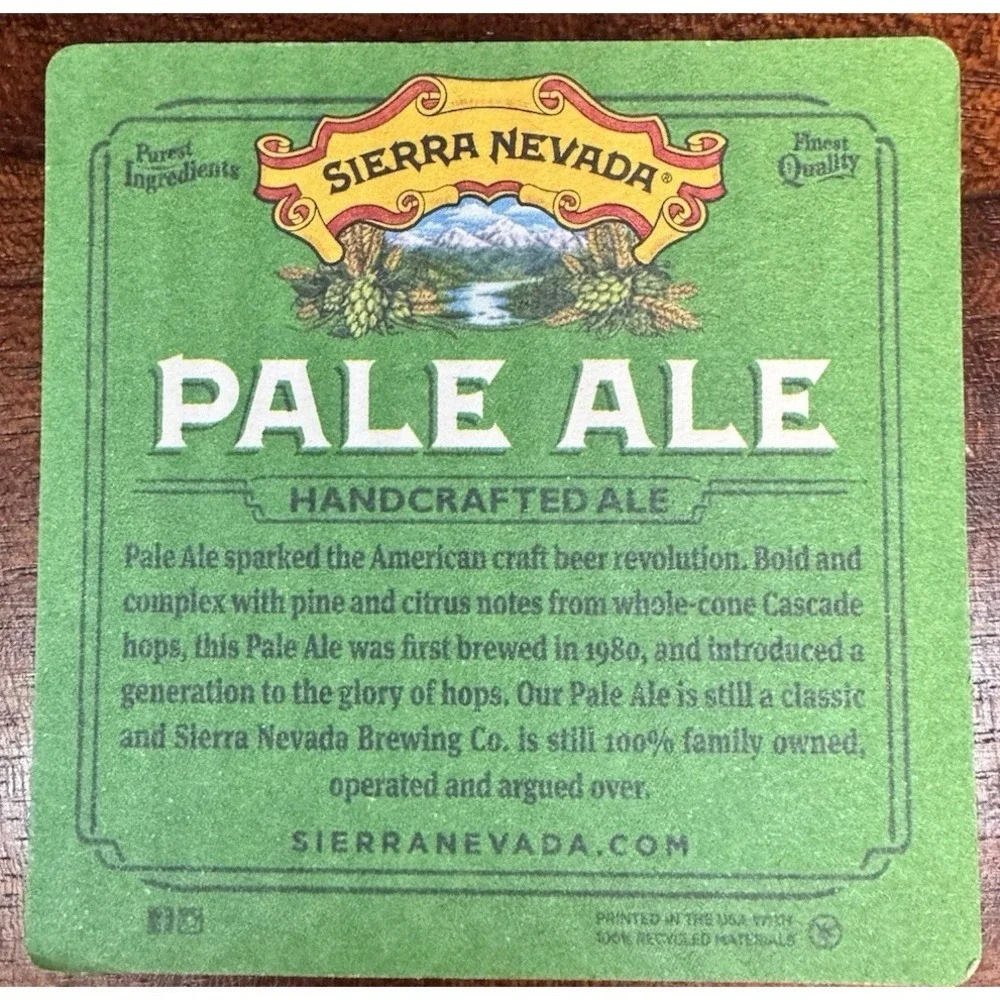Sierra Nevada Pale Ale Beer Coasters – Double-Sided (Front & Back), Western Nort